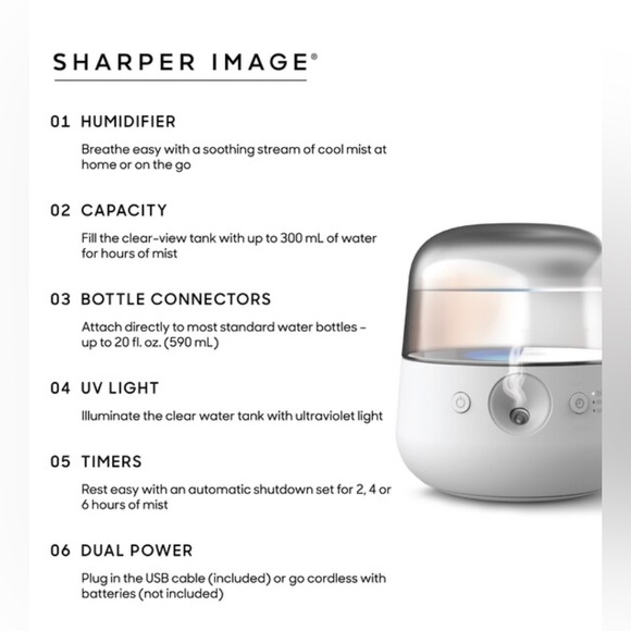 NEW Sharper Image Portable Mini Travel Humidifier Cool Mist~UV light~USB NIB - Picture 3 of 5